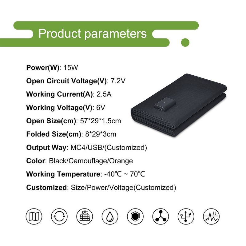 Celdas de energía solar 14w 15w Panel plegable de cargador de teléfono solar con material de superficie PET/ETFE